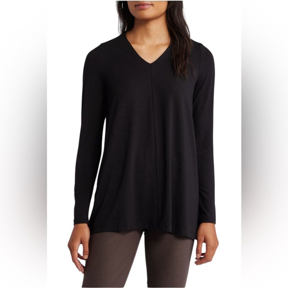 Eileen Fisher Long Sleeve V Neck Tunic Top Womens Medium Petite Black Tencel